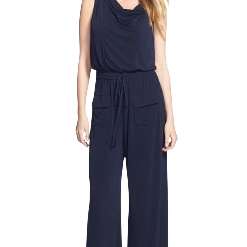 Vince Camuto Cowl Neck Navy Blue Sleeveless Comfortable Jumpsuit Size: S